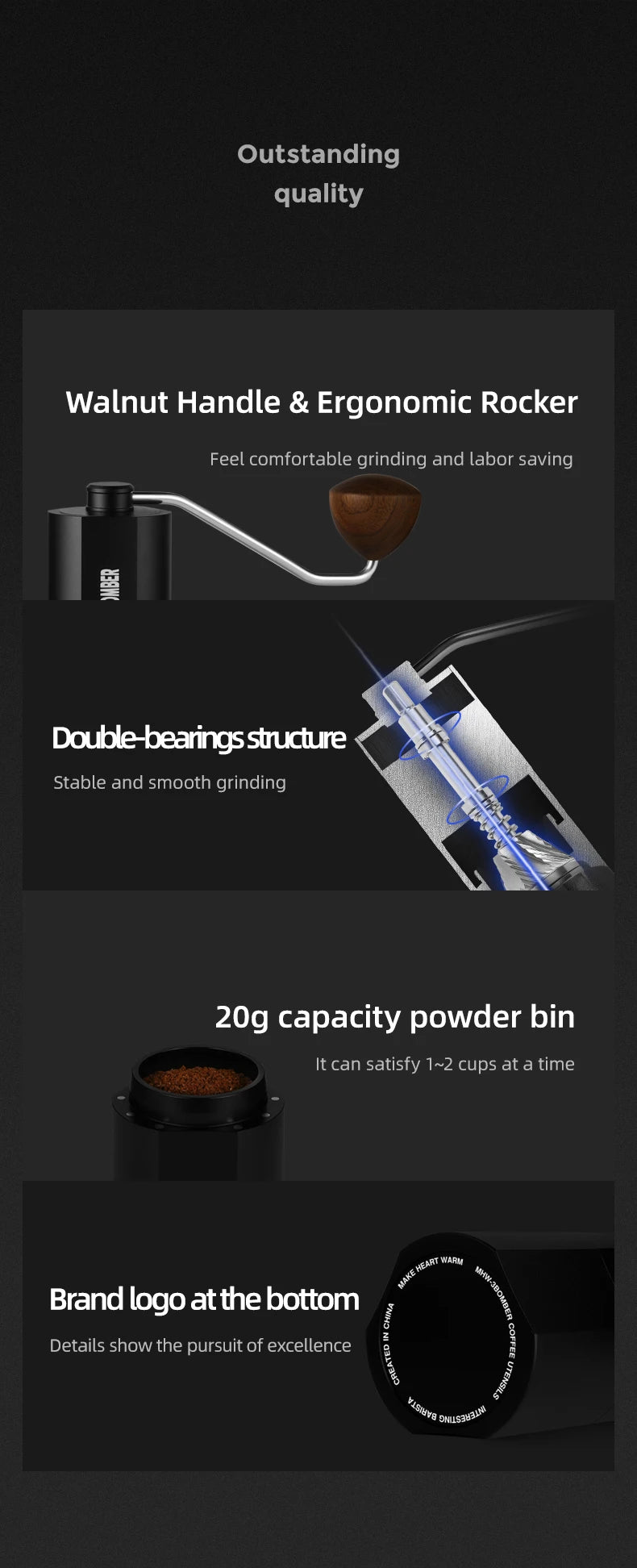 MHW-3BOMBER 38mm Manual Coffee Grinder Magnetic 7 Core Stainless Steel Burr 24 Adjustable Settings Home Barista Accessories