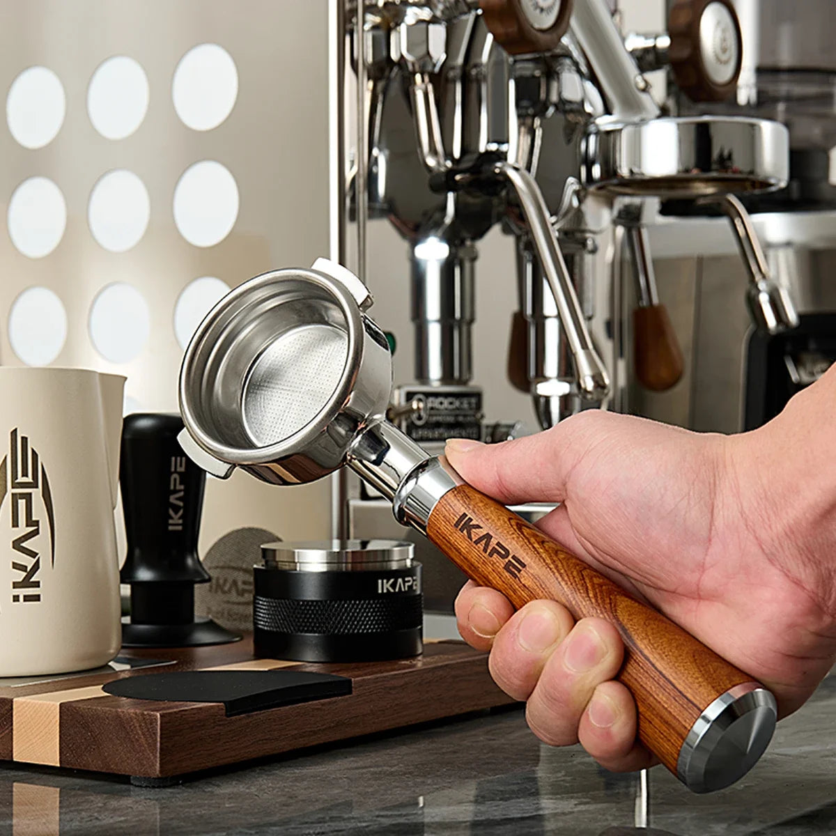 IKAPE Bottomless Portafilter for Delonghi/Barsetto/Berivlle/Lamarzocco/Welhome/Flair58/ECM/Lelit/wega Wooden Handle 51/54/58mm