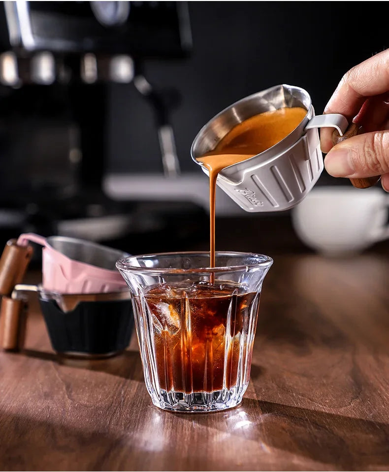 Bincoo 90ml Oak Handle Espresso Scale Cup Double Spout Design Accurate Ounce Measurement for Coffee Extraction Accessories