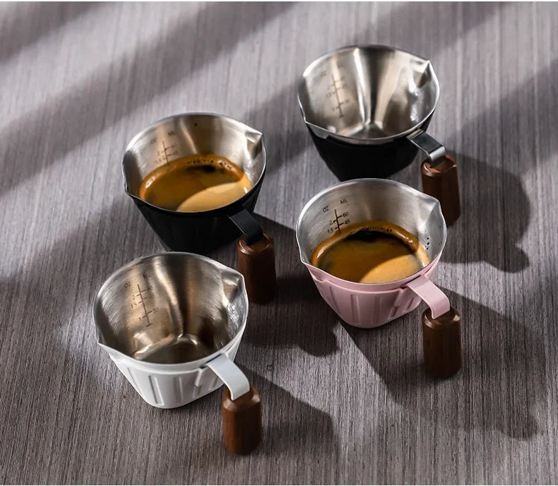 Bincoo 90ml Oak Handle Espresso Scale Cup Double Spout Design Accurate Ounce Measurement for Coffee Extraction Accessories