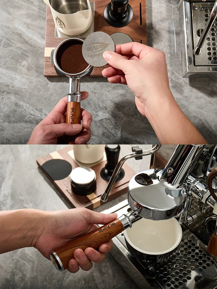 IKAPE Bottomless Portafilter for Delonghi/Barsetto/Berivlle/Lamarzocco/Welhome/Flair58/ECM/Lelit/wega Wooden Handle 51/54/58mm