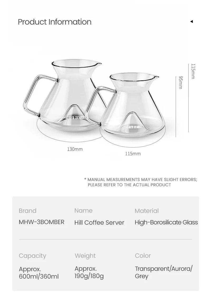 MHW-3BOMBER Hill Coffee Server Guide Extraction Pour Over Coffee Server Ergonomic Handle High-Borosilicate Glass For Barista