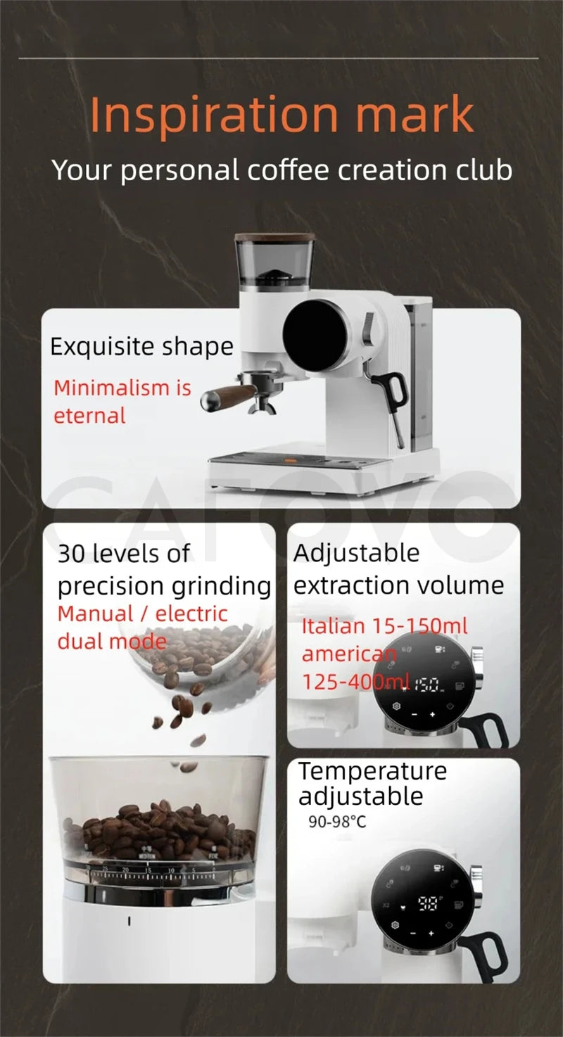 CAFOVO CG01 15 Bar 58mm Semi-Automatic Espresso Machine with Grinder With 30-Step Grinder Cold Brew Coffee Maker for Home Cafe