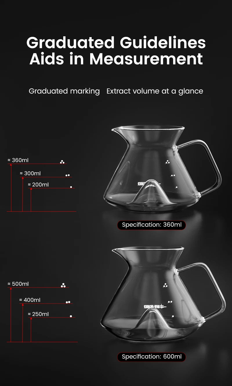 MHW-3BOMBER Hill Coffee Server Guide Extraction Pour Over Coffee Server Ergonomic Handle High-Borosilicate Glass For Barista