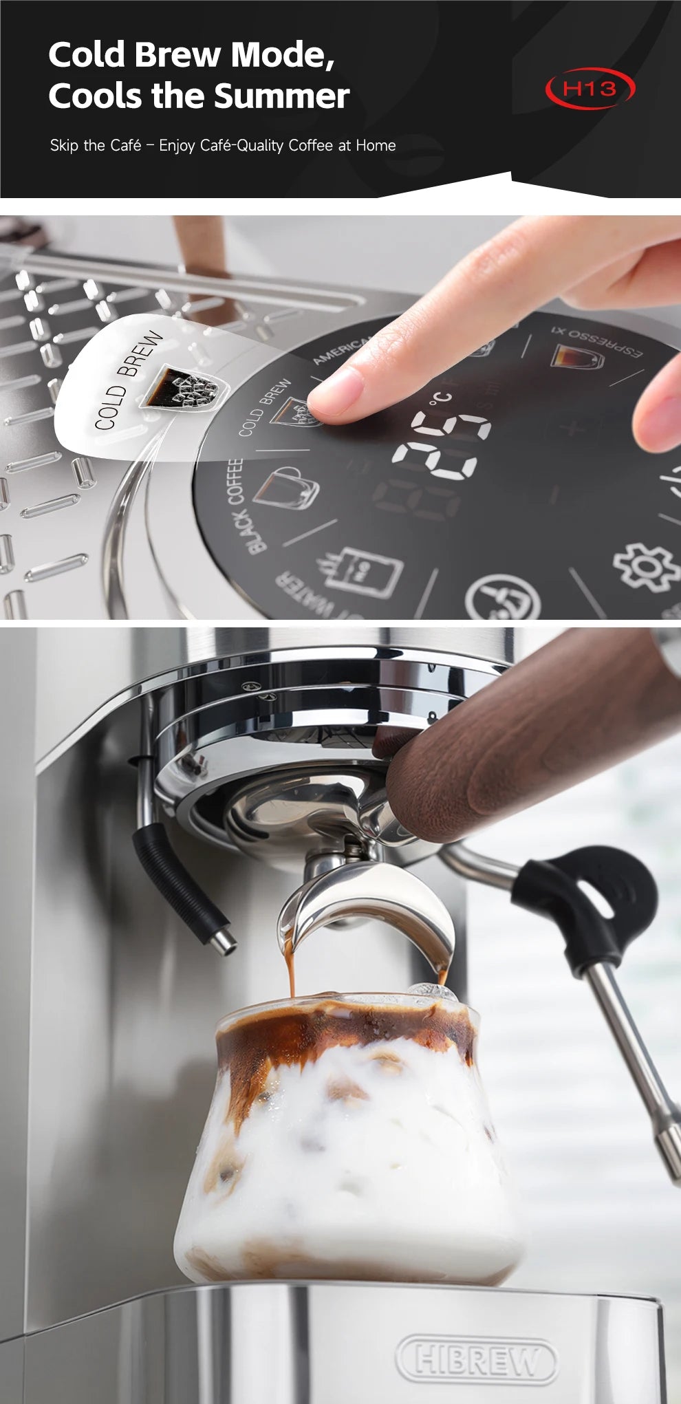 HiBREW Semi-automatic Espresso Coffee Machine 3 Level Temperature Adjustable Cold/Hot 20Bar Coffee Maker Cappuccino H13