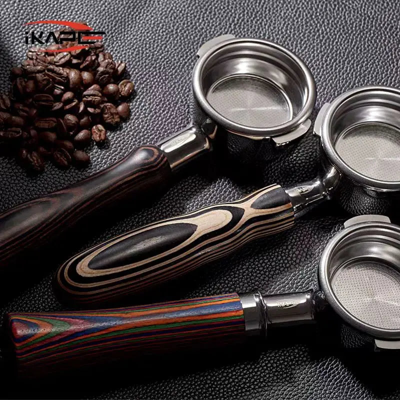 IKAPE Bottomless Portafilter for Delonghi/Barsetto/Berivlle/Lamarzocco/Flair58/ECM/Lelit/wega Colored Wooden Handle 51/54/58mm