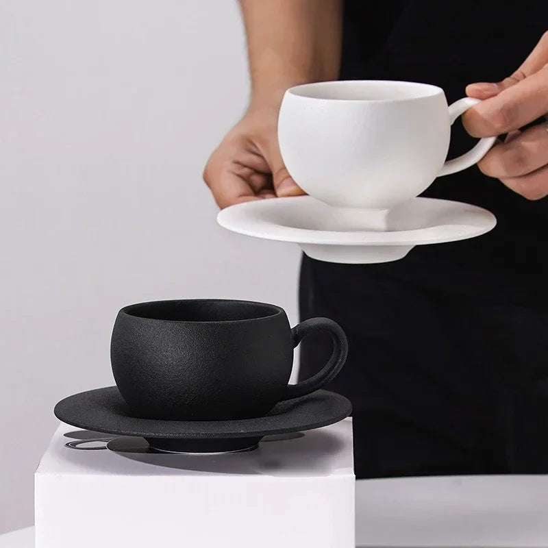 110/280ml Japanese-style Ceramic Mug Black White Fired Stone Coffee Cup and Saucer Set Breakfast Milk Coffee Cup Egg-shaped Mug