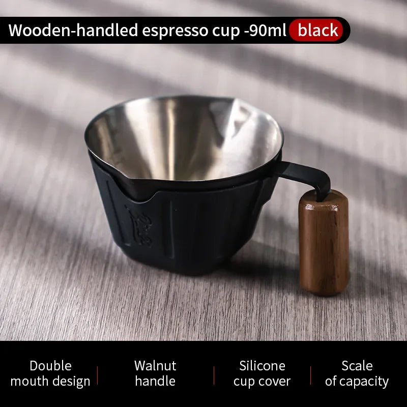 Bincoo 90ml Oak Handle Espresso Scale Cup Double Spout Design Accurate Ounce Measurement for Coffee Extraction Accessories