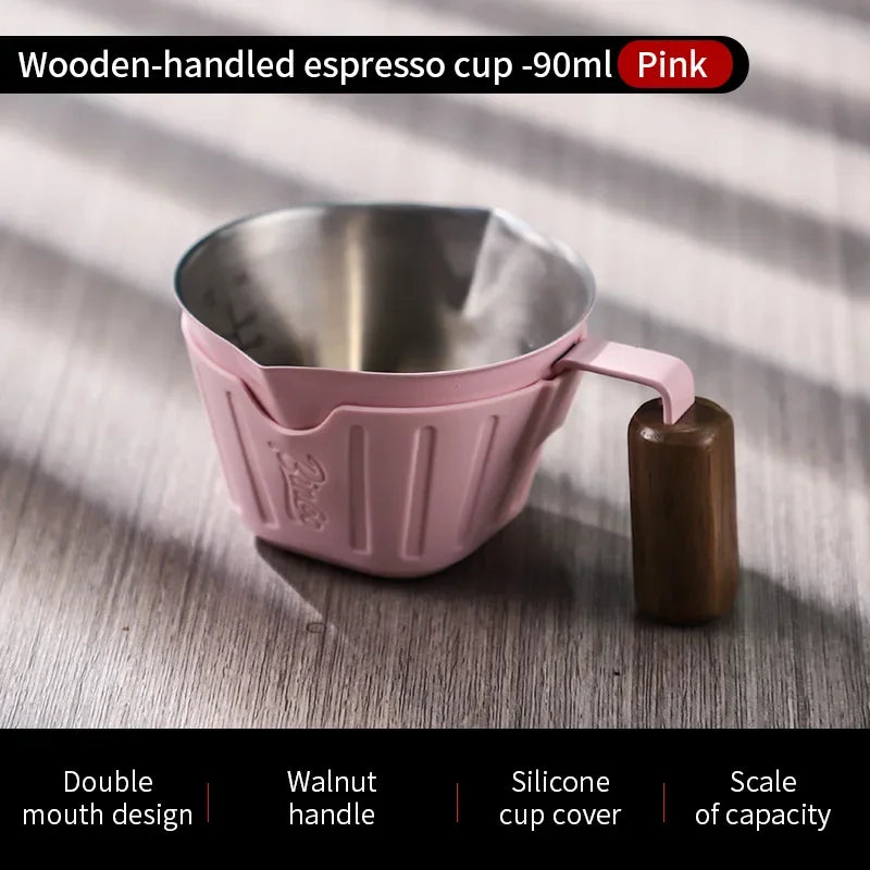 Bincoo 90ml Oak Handle Espresso Scale Cup Double Spout Design Accurate Ounce Measurement for Coffee Extraction Accessories