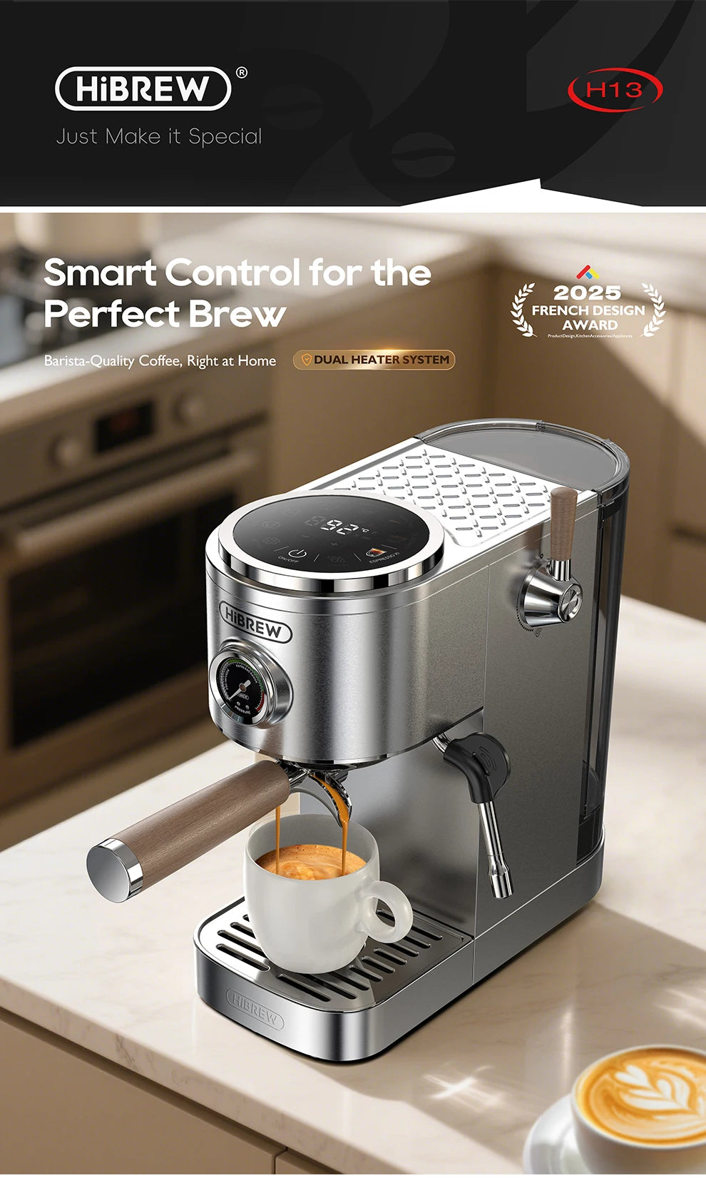 HiBREW Semi-automatic Espresso Coffee Machine 3 Level Temperature Adjustable Cold/Hot 20Bar Coffee Maker Cappuccino H13