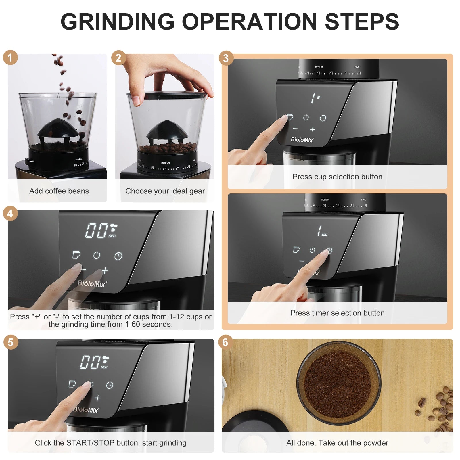 BioloMix Automatic Burr Mill Electric Coffee Grinder, featuring 30 gears for grinding espresso and American coffee, With Magneti
