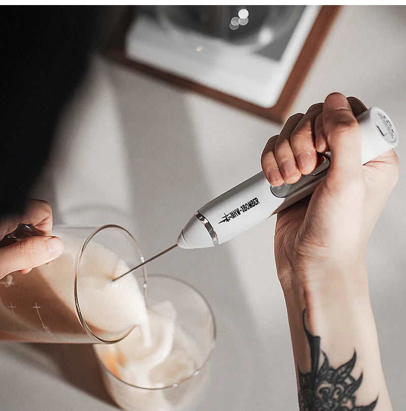 MHW-3BOMBER Electric Milk Frother Rechargeable Handheld Egg Foam Maker with Stainless Whisk for Coffee Latte Cappuccino