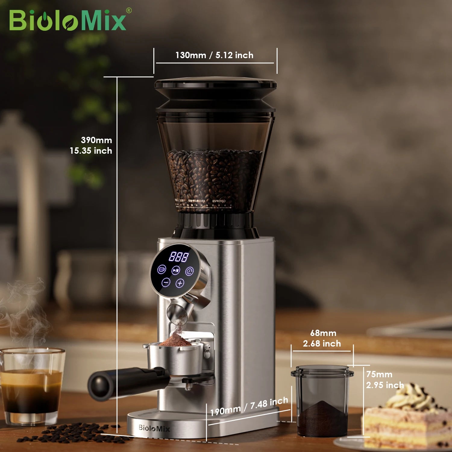 BioloMix Electric Conical Burr Coffee Grinder with Removable Holder,with 48 Grind Settings Adjustable,for Espresso Coffee