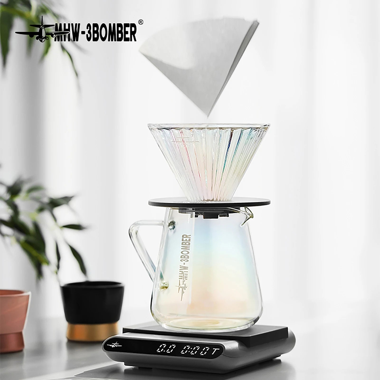 MHW-3BOMBER Glass Coffee Filter Cups and Espresso Filter Paper Set Reusable Cone Pour Over Coffee Dripper Filters Accessorie