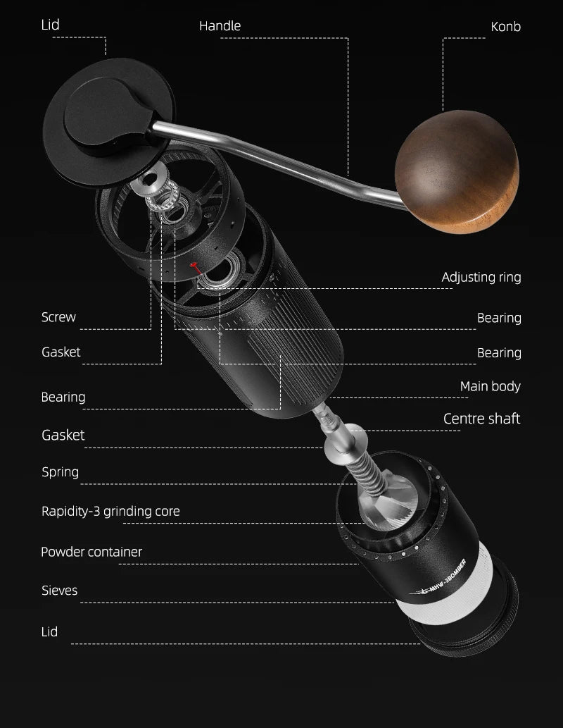 MHW-3BOMBER Manual Coffee Grinder 0.016mm/Click Conical Burr for Espresso Pour Over Adjustable Stainless Steel Barista Tool