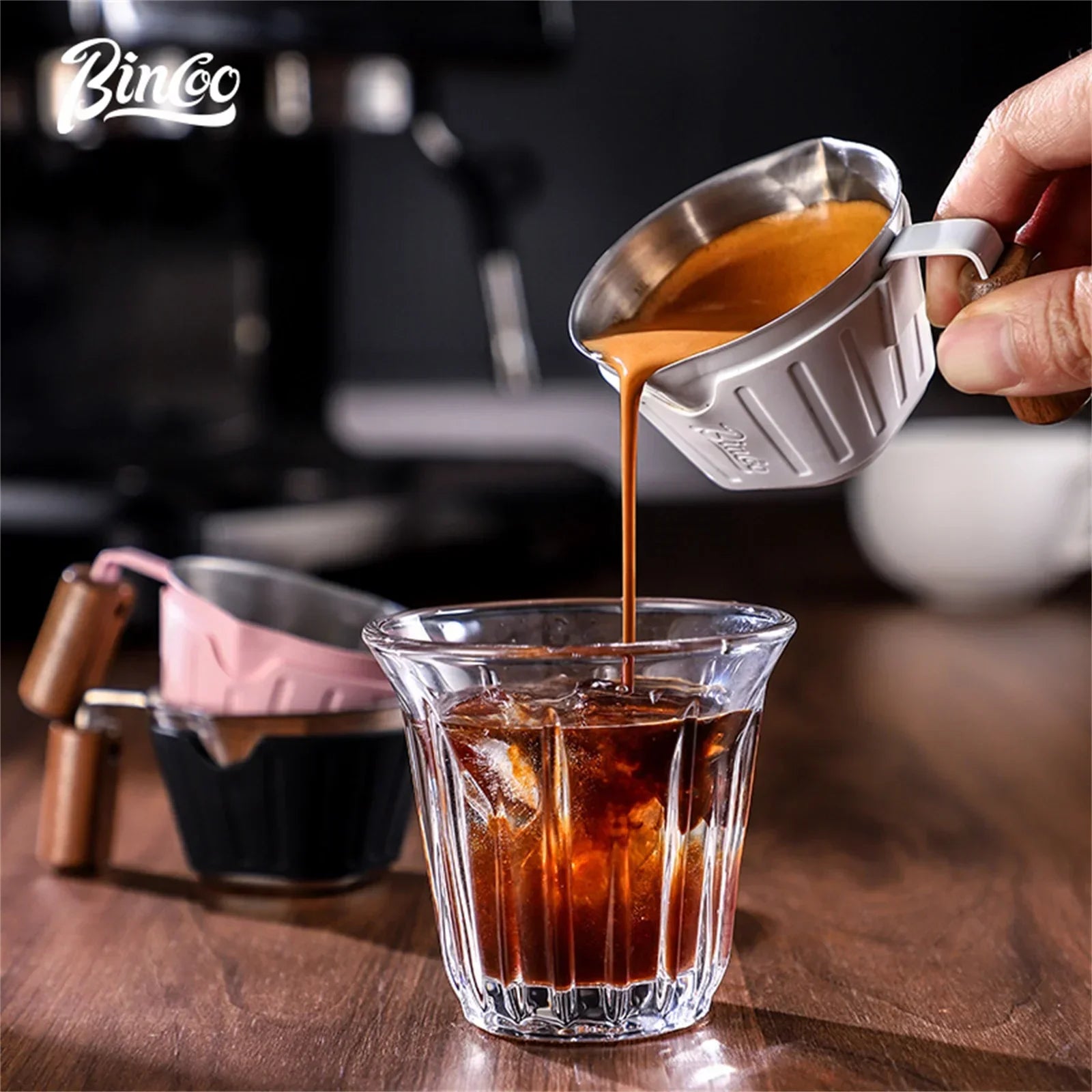 Bincoo 90ml Oak Handle Espresso Scale Cup Double Spout Design Accurate Ounce Measurement for Coffee Extraction Accessories