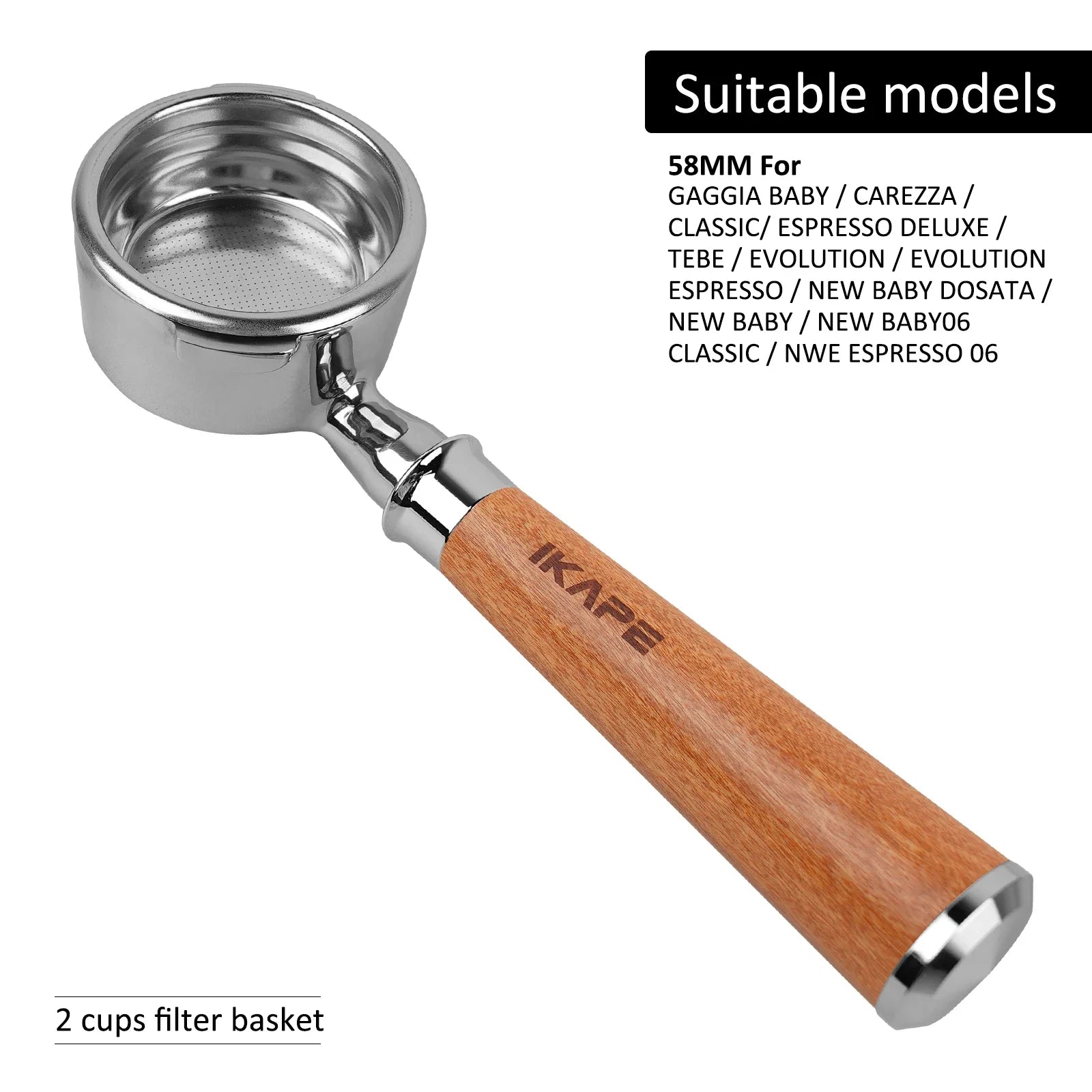 IKAPE Bottomless Portafilter for Delonghi/Barsetto/Berivlle/Lamarzocco/Welhome/Flair58/ECM/Lelit/wega Wooden Handle 51/54/58mm