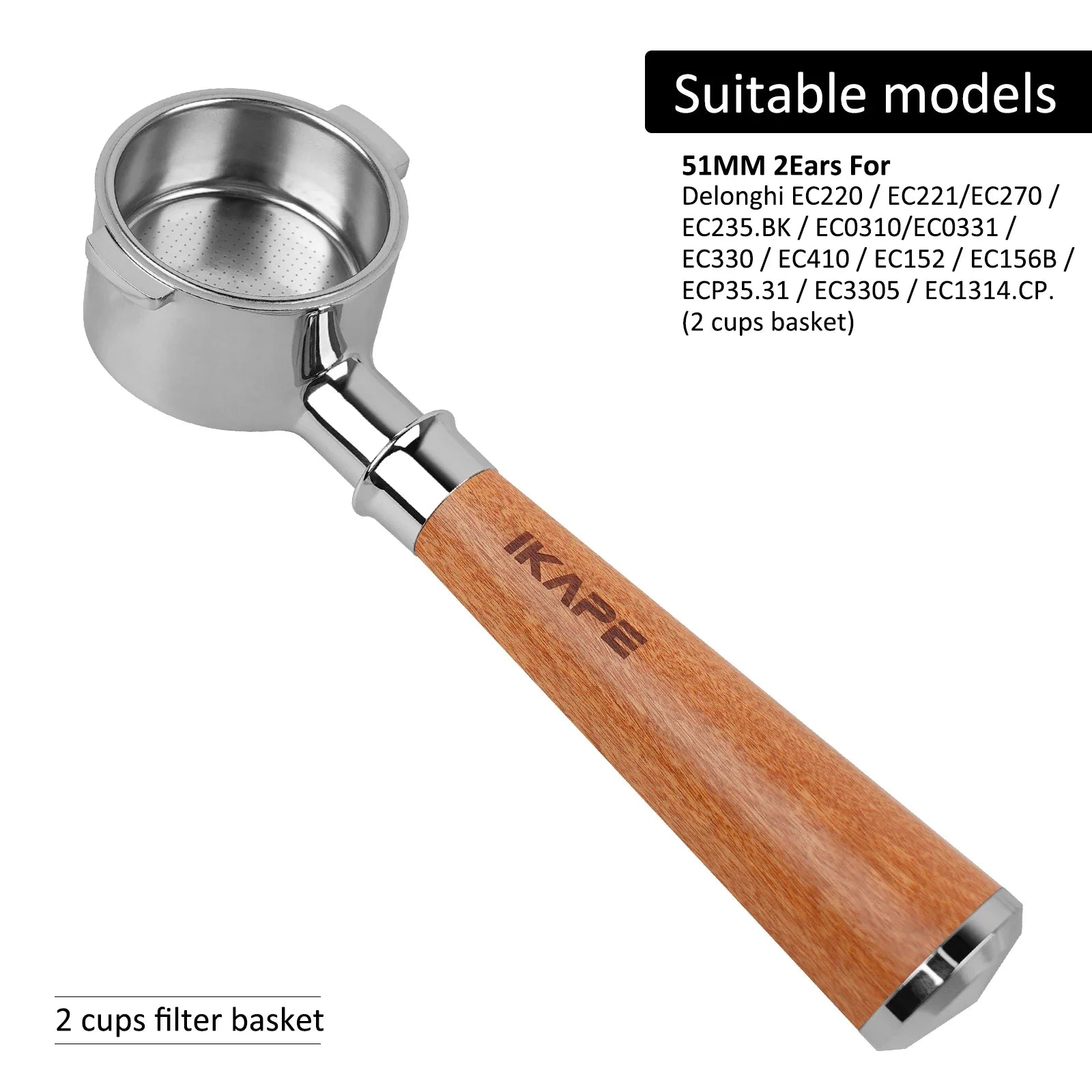 IKAPE Bottomless Portafilter for Delonghi/Barsetto/Berivlle/Lamarzocco/Welhome/Flair58/ECM/Lelit/wega Wooden Handle 51/54/58mm