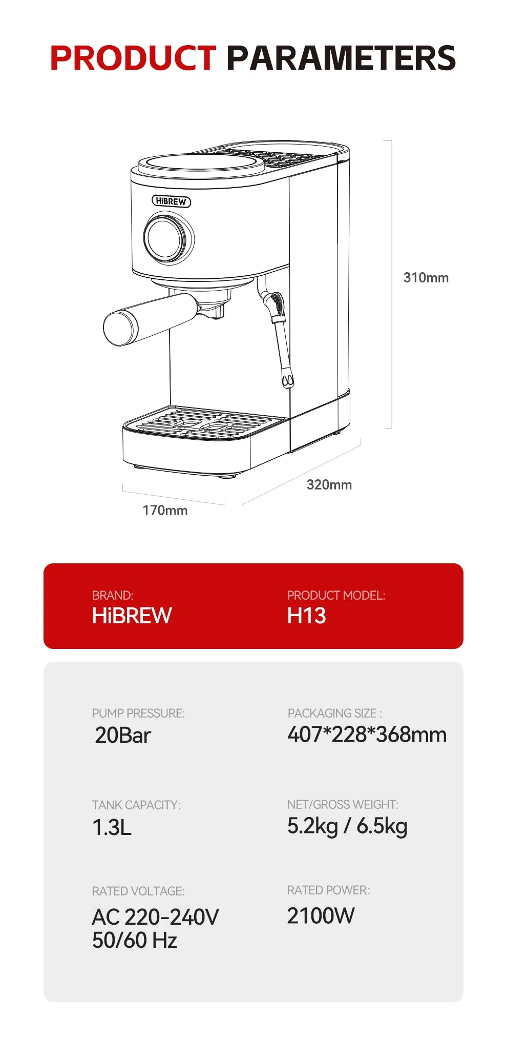 HiBREW Semi-automatic Espresso Coffee Machine 3 Level Temperature Adjustable Cold/Hot 20Bar Coffee Maker Cappuccino H13