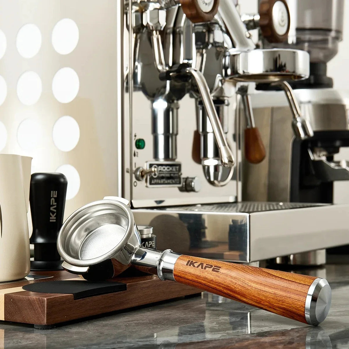 IKAPE Bottomless Portafilter for Delonghi/Barsetto/Berivlle/Lamarzocco/Welhome/Flair58/ECM/Lelit/wega Wooden Handle 51/54/58mm