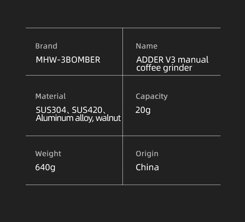 MHW-3BOMBER 38mm Manual Coffee Grinder Magnetic 7 Core Stainless Steel Burr 24 Adjustable Settings Home Barista Accessories