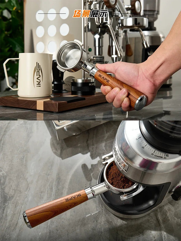 IKAPE Bottomless Portafilter for Delonghi/Barsetto/Berivlle/Lamarzocco/Welhome/Flair58/ECM/Lelit/wega Wooden Handle 51/54/58mm