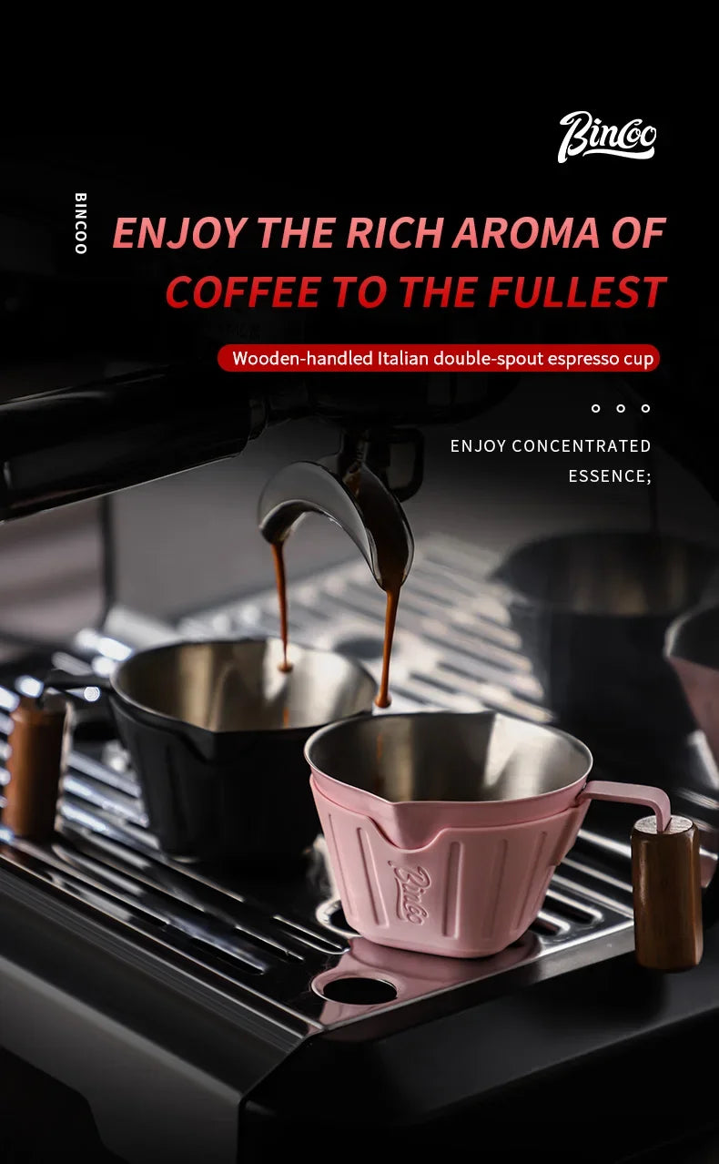 Bincoo 90ml Oak Handle Espresso Scale Cup Double Spout Design Accurate Ounce Measurement for Coffee Extraction Accessories