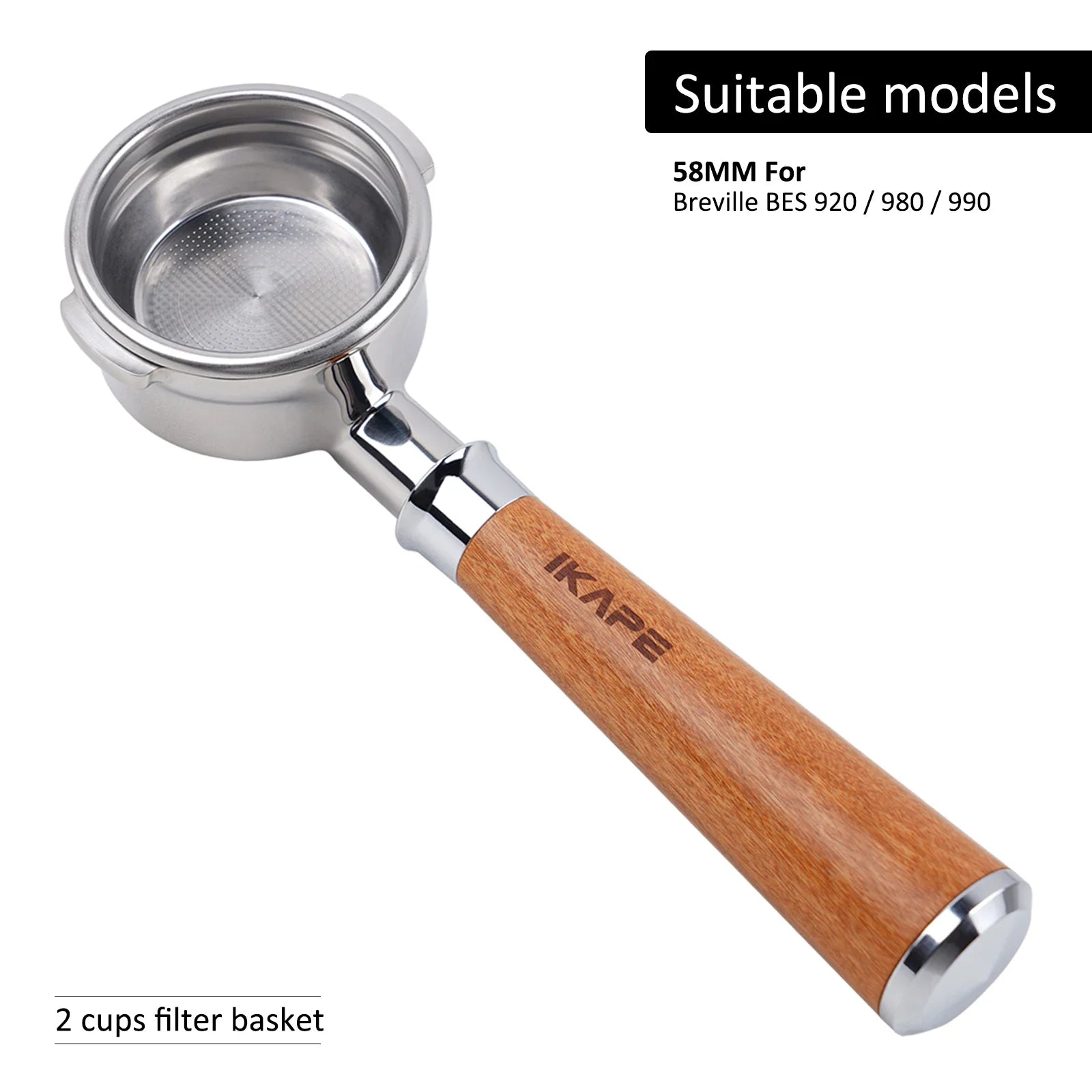 IKAPE Bottomless Portafilter for Delonghi/Barsetto/Berivlle/Lamarzocco/Welhome/Flair58/ECM/Lelit/wega Wooden Handle 51/54/58mm