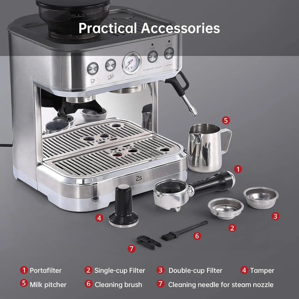 Espresso Machine with Milk Frother and Grinder, 15 Bar Automatic Espresso Coffee Machine All In One Coffee Maker