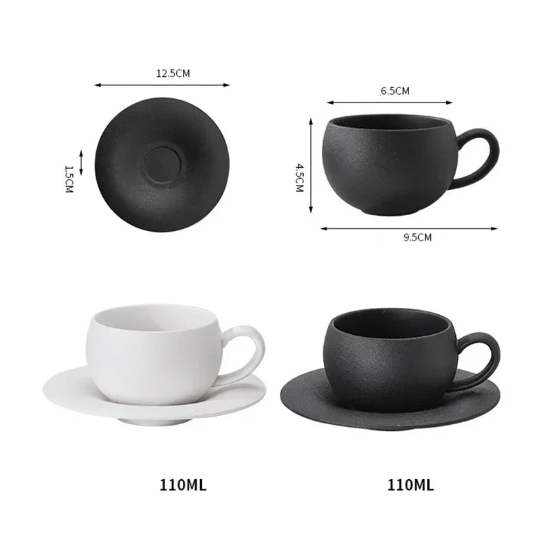 110/280ml Japanese-style Ceramic Mug Black White Fired Stone Coffee Cup and Saucer Set Breakfast Milk Coffee Cup Egg-shaped Mug
