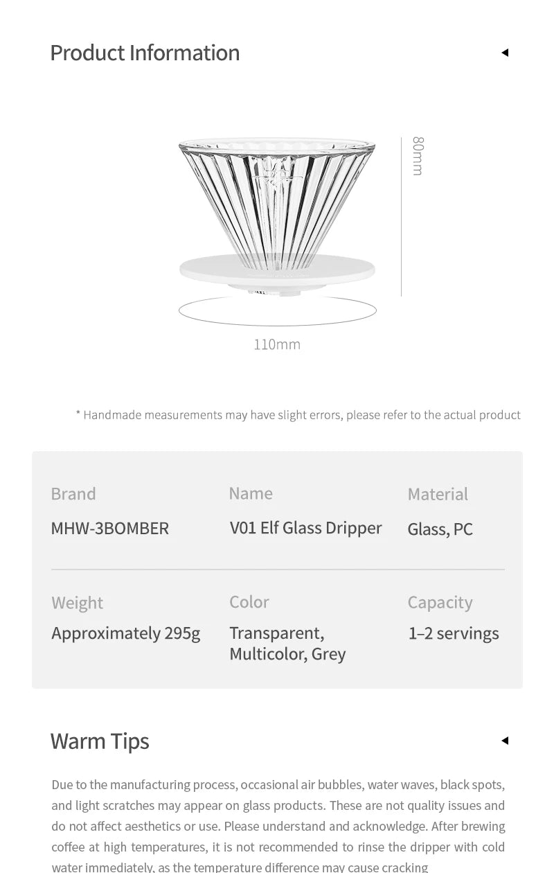 MHW-3BOMBER Glass Coffee Filter Cups and Espresso Filter Paper Set Reusable Cone Pour Over Coffee Dripper Filters Accessorie