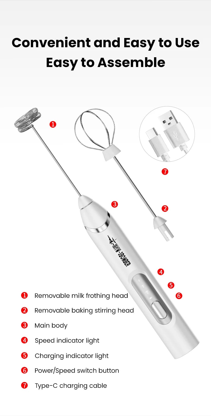 MHW-3BOMBER Electric Milk Frother Rechargeable Handheld Egg Foam Maker with Stainless Whisk for Coffee Latte Cappuccino
