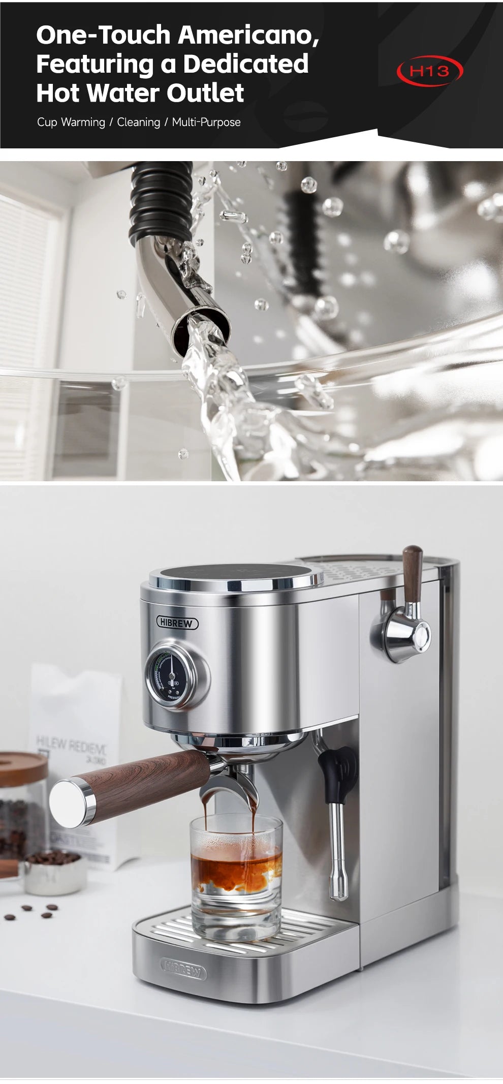 HiBREW Semi-automatic Espresso Coffee Machine 3 Level Temperature Adjustable Cold/Hot 20Bar Coffee Maker Cappuccino H13