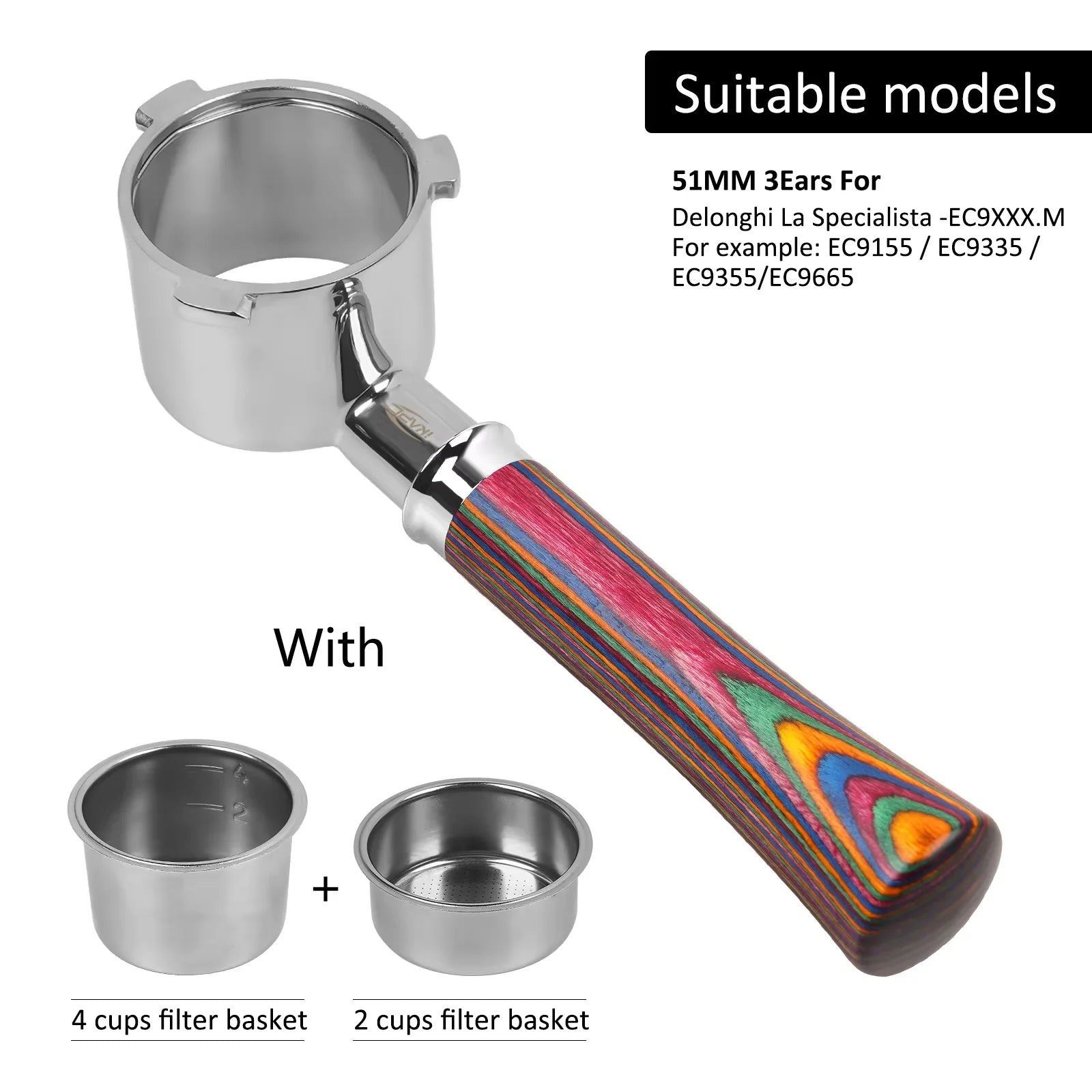 IKAPE Bottomless Portafilter for Delonghi/Barsetto/Berivlle/Lamarzocco/Flair58/ECM/Lelit/wega Colored Wooden Handle 51/54/58mm