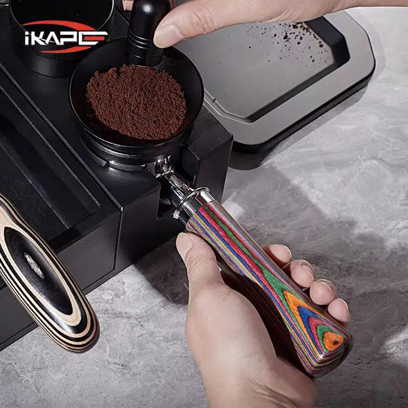 IKAPE Bottomless Portafilter for Delonghi/Barsetto/Berivlle/Lamarzocco/Flair58/ECM/Lelit/wega Colored Wooden Handle 51/54/58mm