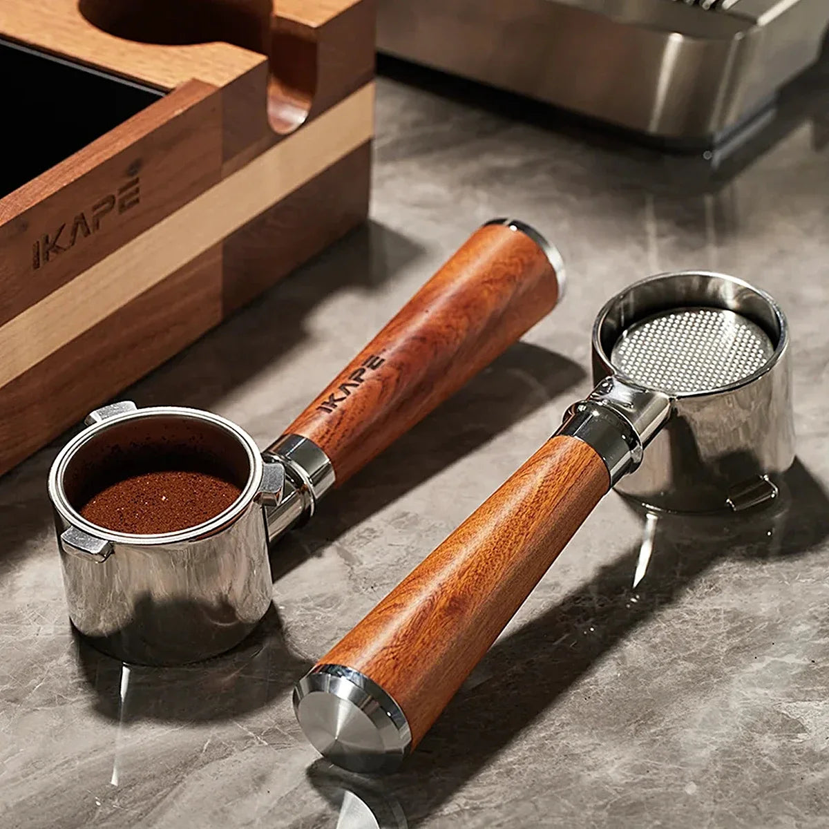 IKAPE Bottomless Portafilter for Delonghi/Barsetto/Berivlle/Lamarzocco/Welhome/Flair58/ECM/Lelit/wega Wooden Handle 51/54/58mm