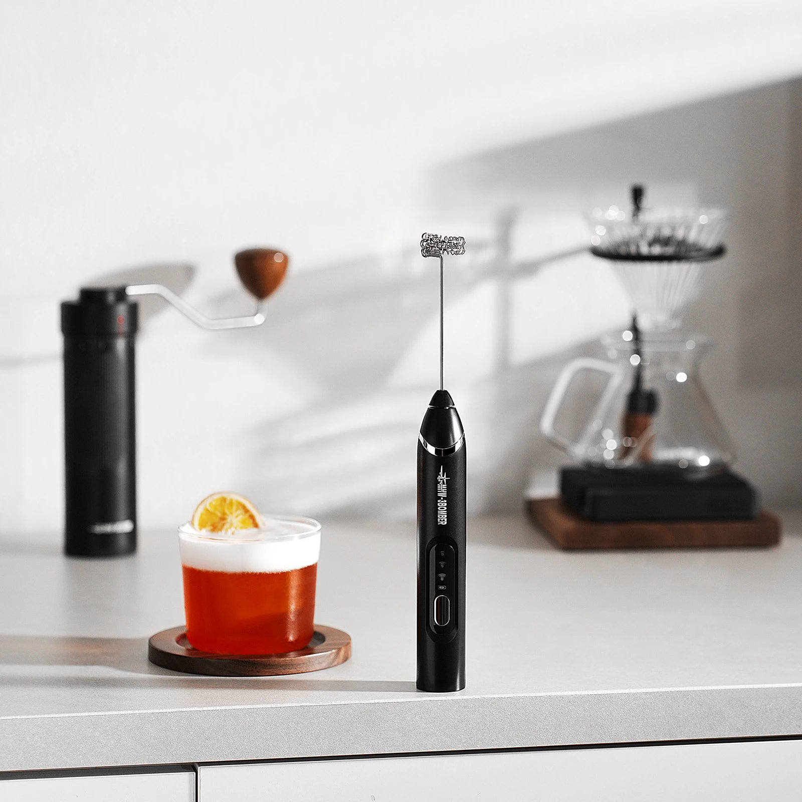MHW-3BOMBER Electric Milk Frother Rechargeable Handheld Egg Foam Maker with Stainless Whisk for Coffee Latte Cappuccino
