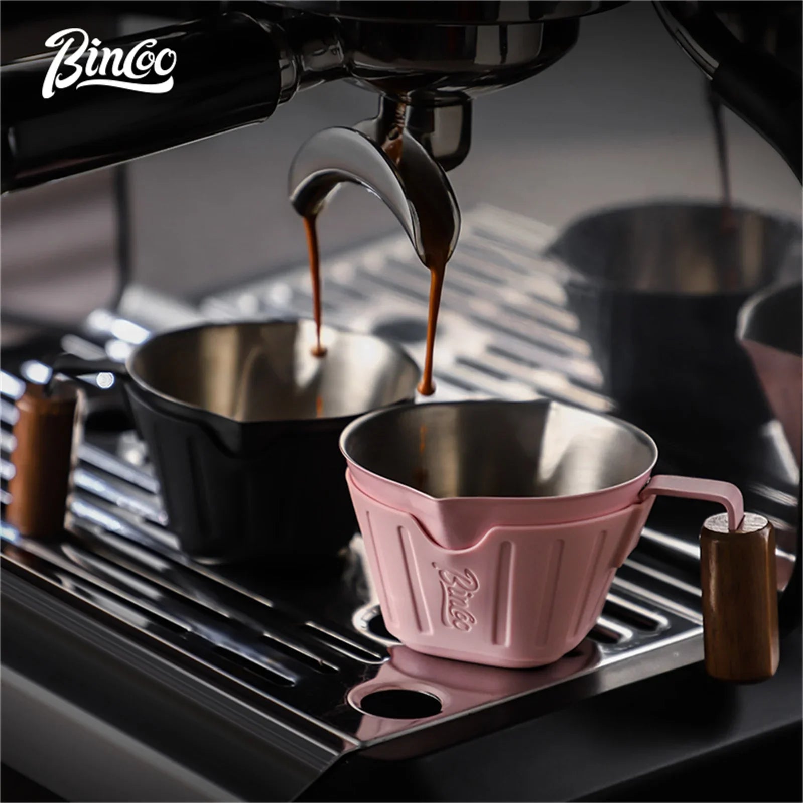 Bincoo 90ml Oak Handle Espresso Scale Cup Double Spout Design Accurate Ounce Measurement for Coffee Extraction Accessories