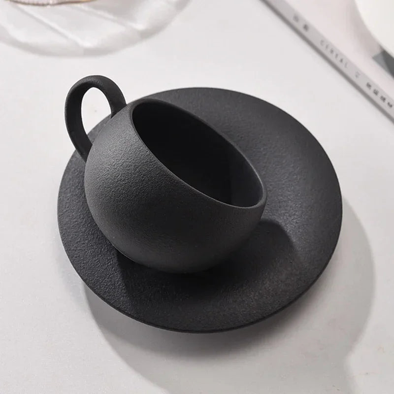 110/280ml Japanese-style Ceramic Mug Black White Fired Stone Coffee Cup and Saucer Set Breakfast Milk Coffee Cup Egg-shaped Mug