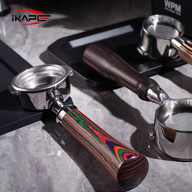 IKAPE Bottomless Portafilter for Delonghi/Barsetto/Berivlle/Lamarzocco/Flair58/ECM/Lelit/wega Colored Wooden Handle 51/54/58mm