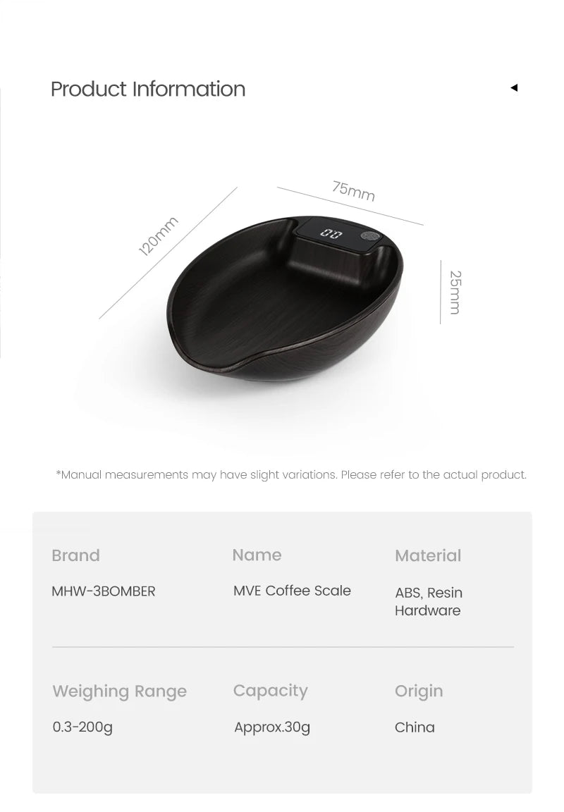 MHW-3BOMBER MVE Coffee Scale ABS Food Kitchen Scale 0.3g Precise Integrated Design with Timer for Espresso Pour Over Brewing