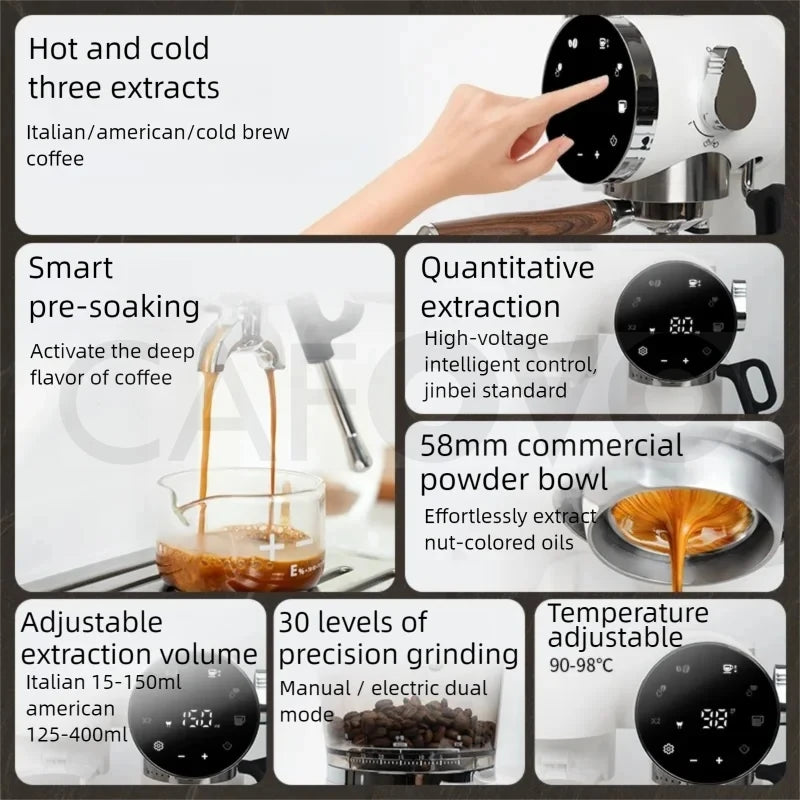 CAFOVO CG01 15 Bar 58mm Semi-Automatic Espresso Machine with Grinder With 30-Step Grinder Cold Brew Coffee Maker for Home Cafe