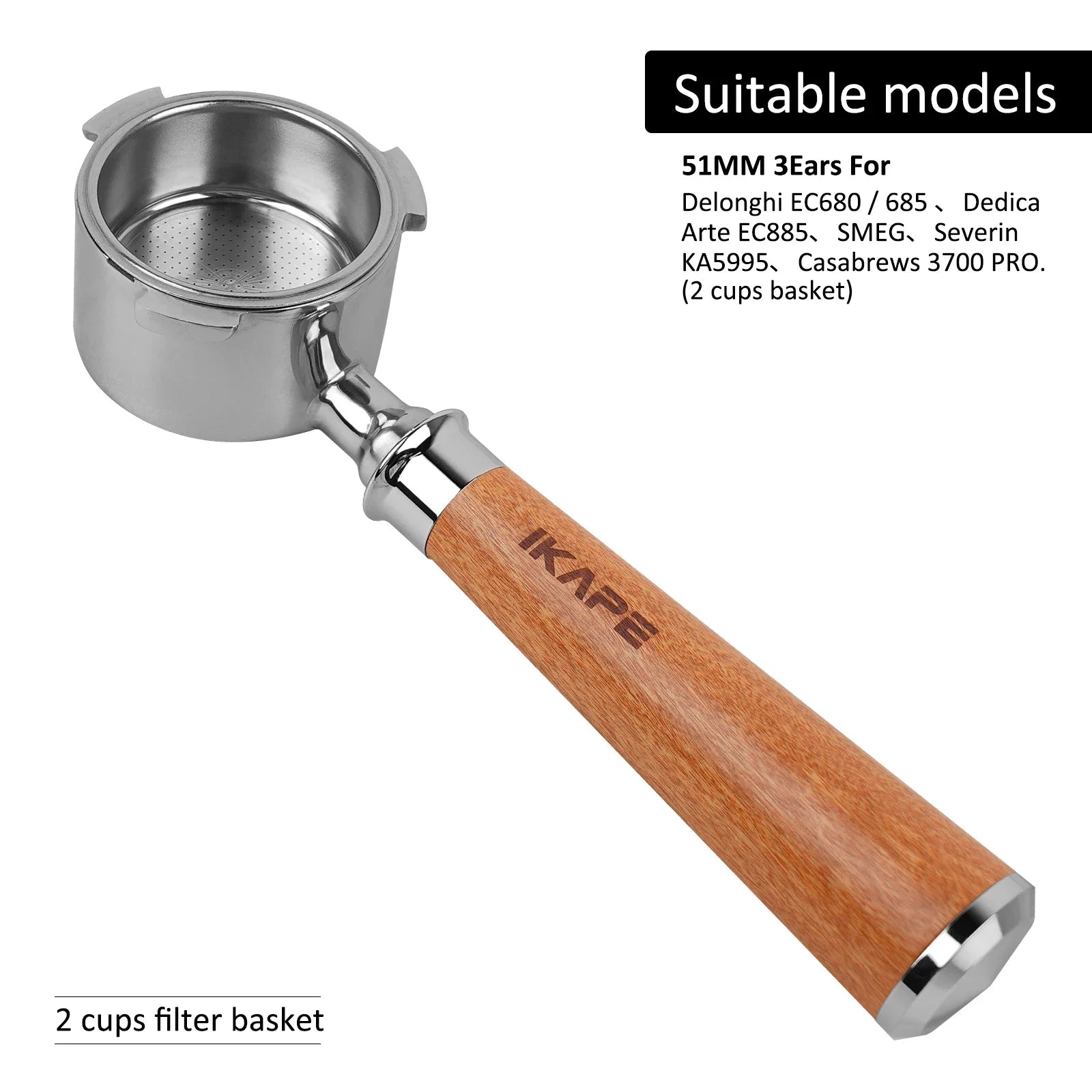 IKAPE Bottomless Portafilter for Delonghi/Barsetto/Berivlle/Lamarzocco/Welhome/Flair58/ECM/Lelit/wega Wooden Handle 51/54/58mm