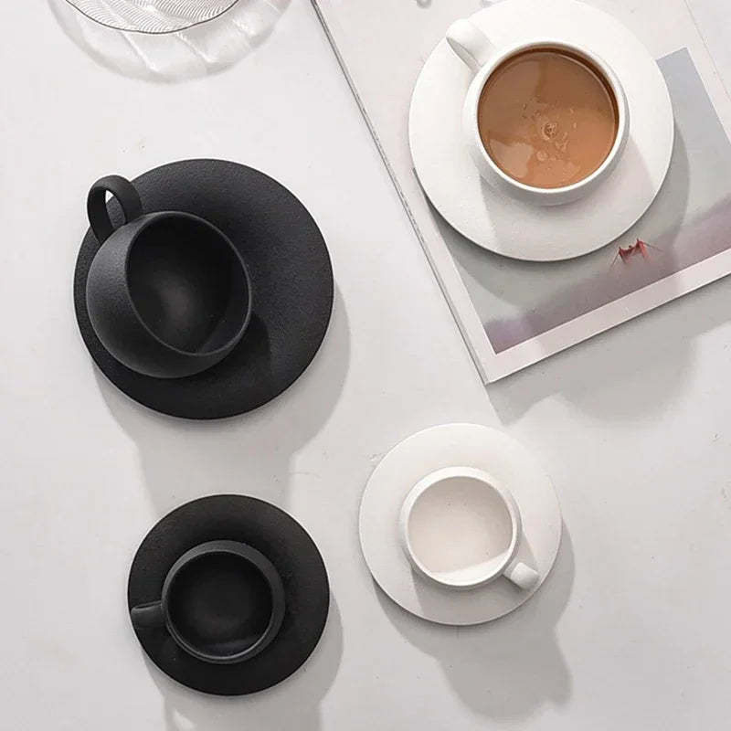 110/280ml Japanese-style Ceramic Mug Black White Fired Stone Coffee Cup and Saucer Set Breakfast Milk Coffee Cup Egg-shaped Mug