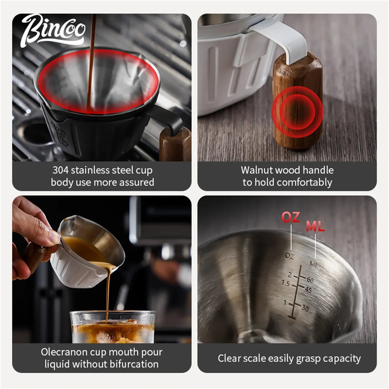 Bincoo 90ml Oak Handle Espresso Scale Cup Double Spout Design Accurate Ounce Measurement for Coffee Extraction Accessories