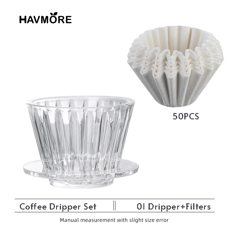 Wave Coffee Dripper 1-2Cups Crystal Eye Pour Over Coffee Dripper With Coffee Filter Papers 50 Sheets Coffee Filter Set