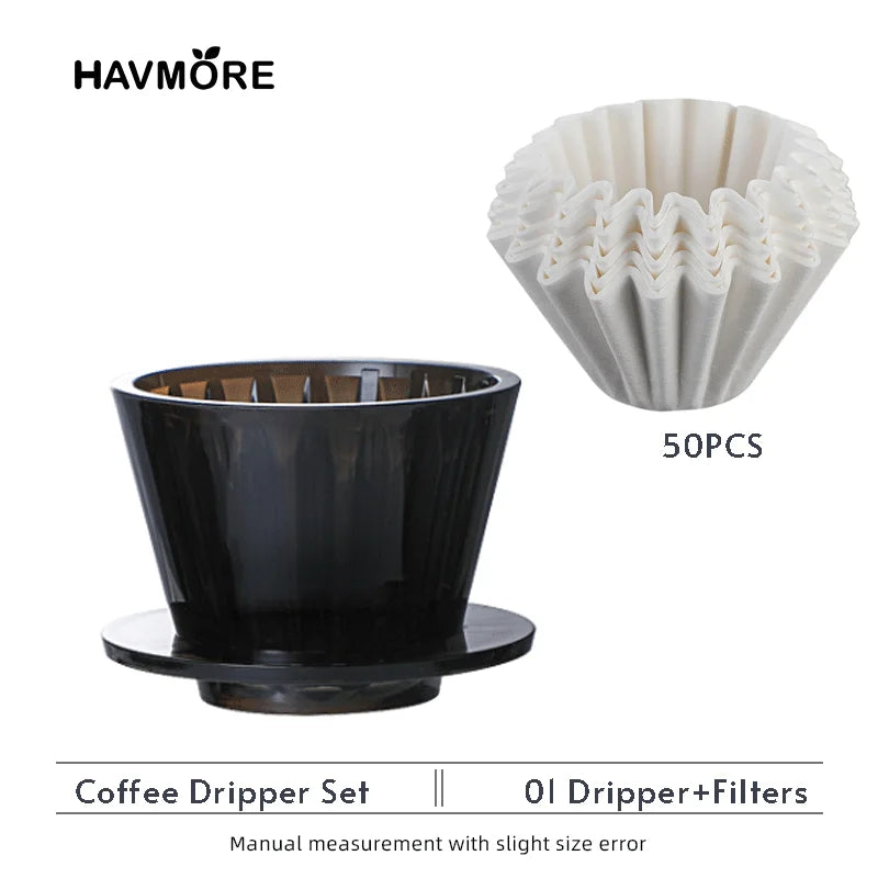 Wave Coffee Dripper 1-2Cups Crystal Eye Pour Over Coffee Dripper With Coffee Filter Papers 50 Sheets Coffee Filter Set