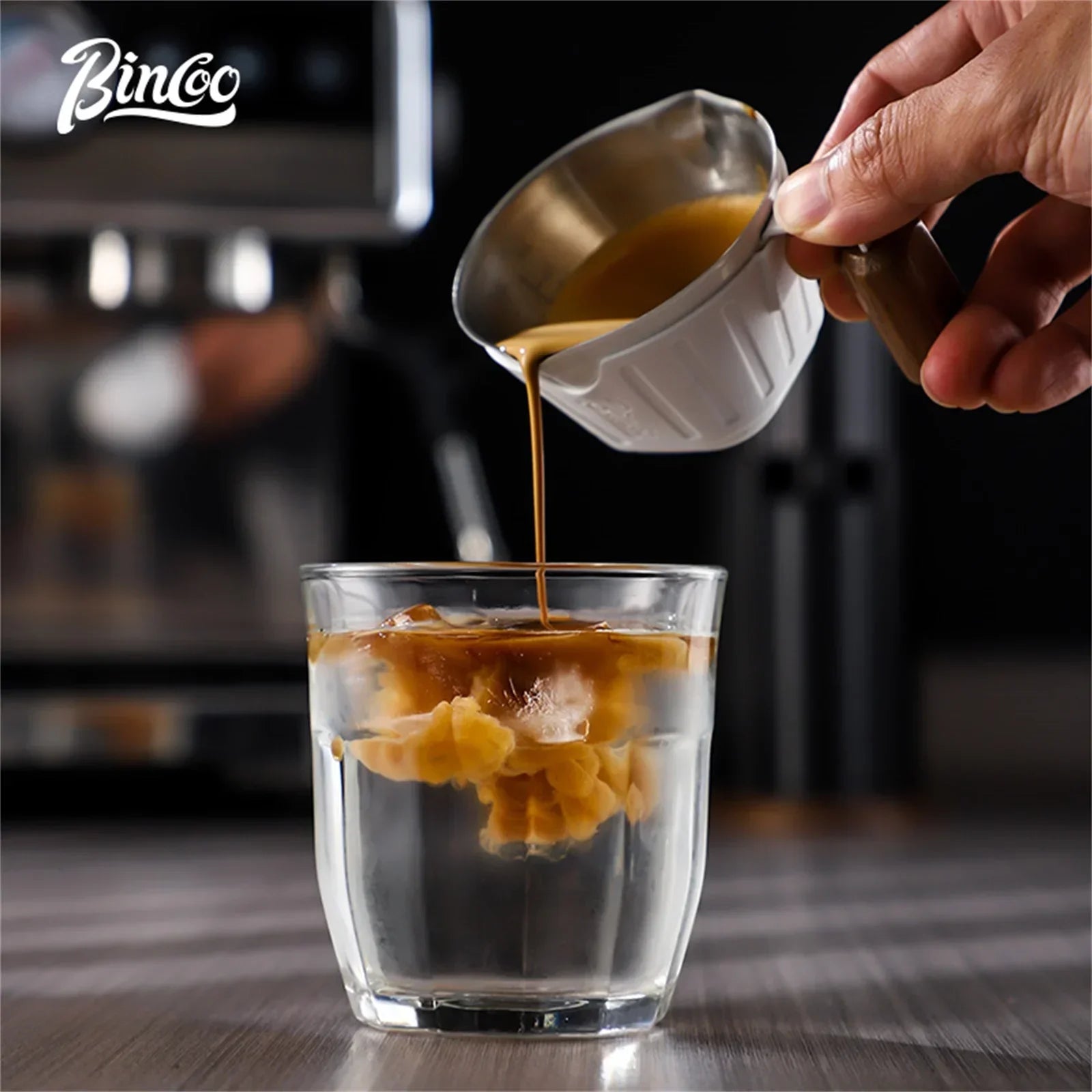 Bincoo 90ml Oak Handle Espresso Scale Cup Double Spout Design Accurate Ounce Measurement for Coffee Extraction Accessories