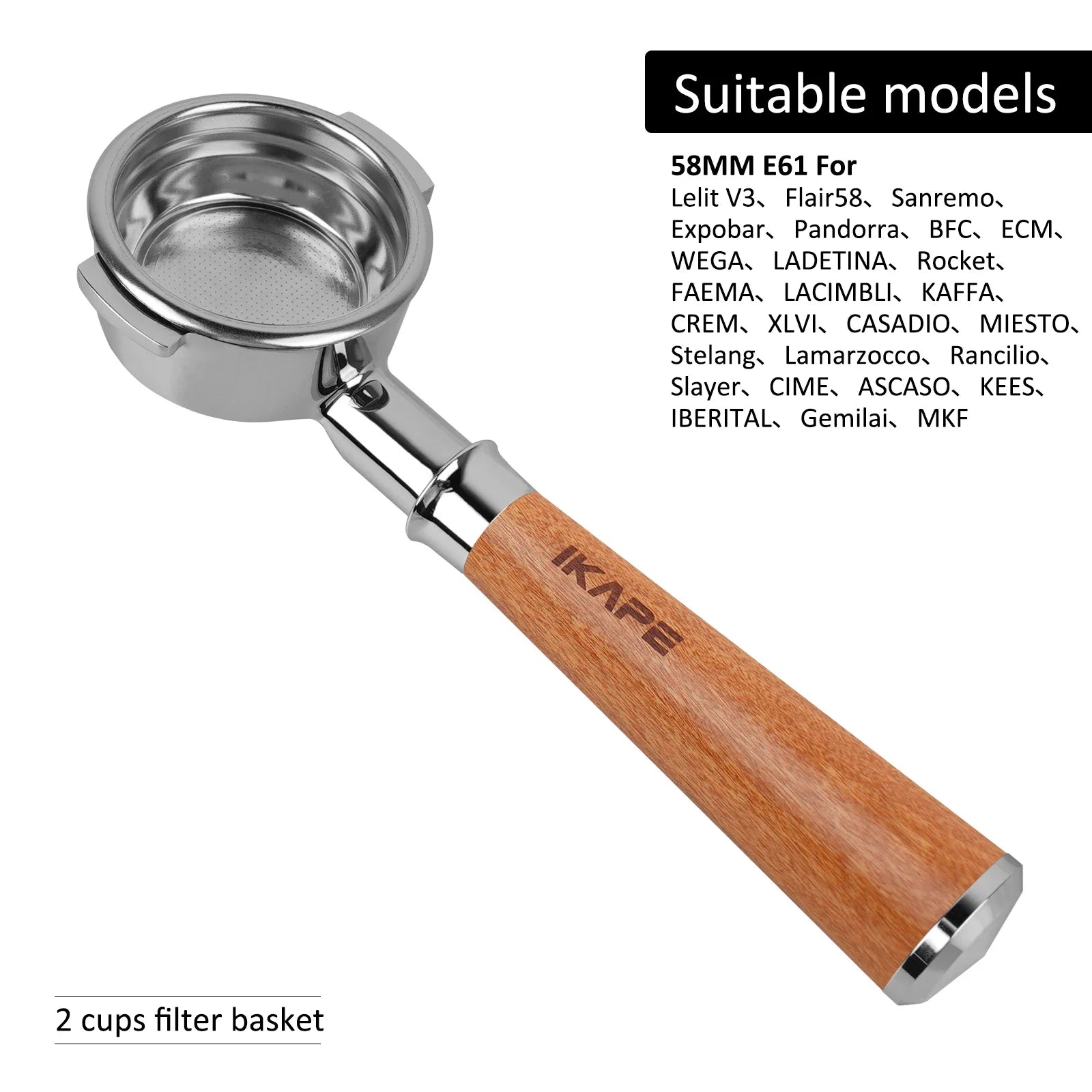 IKAPE Bottomless Portafilter for Delonghi/Barsetto/Berivlle/Lamarzocco/Welhome/Flair58/ECM/Lelit/wega Wooden Handle 51/54/58mm