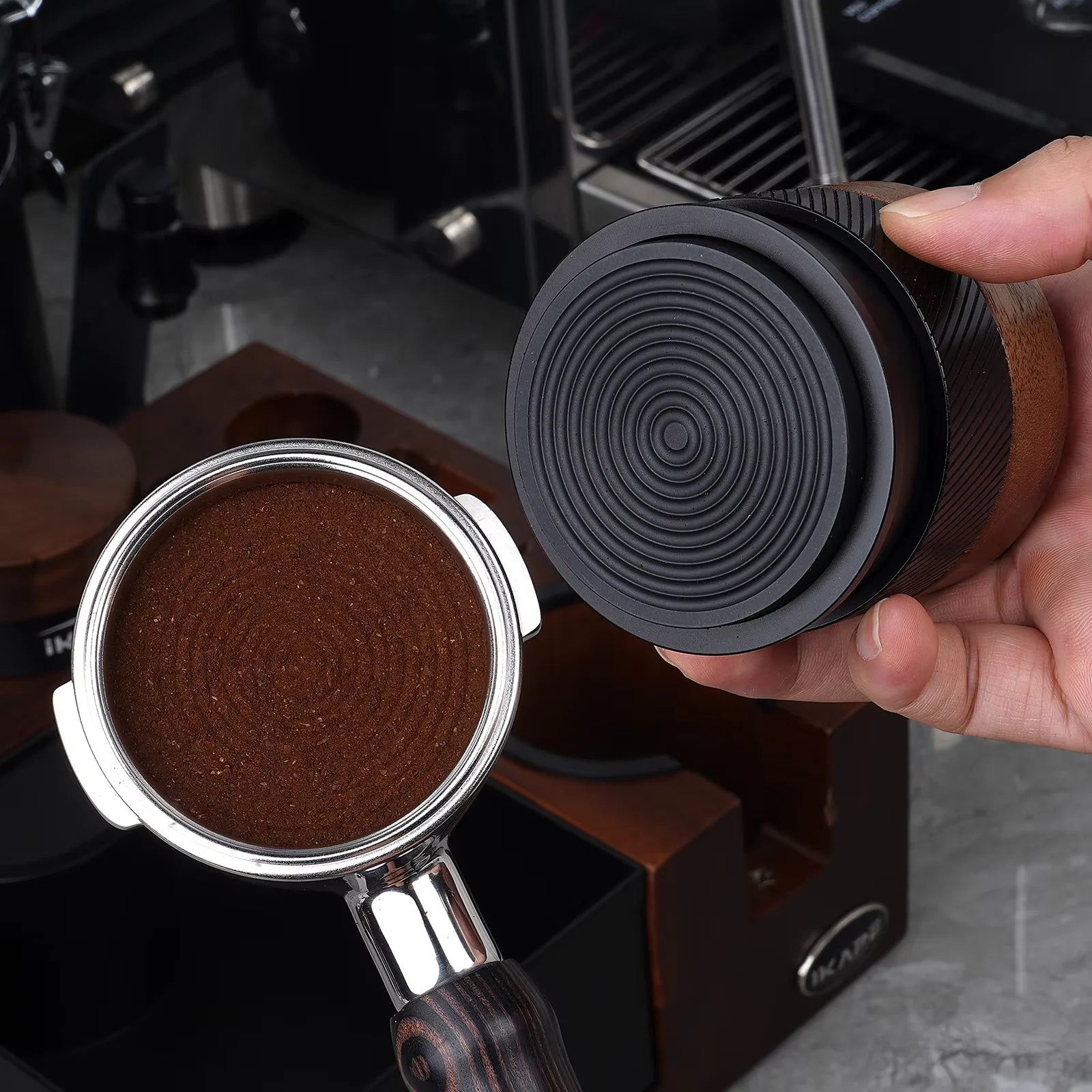 IKAPE Espresso Wooden V4 Calibrated Tamper,  Fit 51/54/58mm，Coffee Walnut Tamper with Titanium PVD Coating Base and Spring Loade